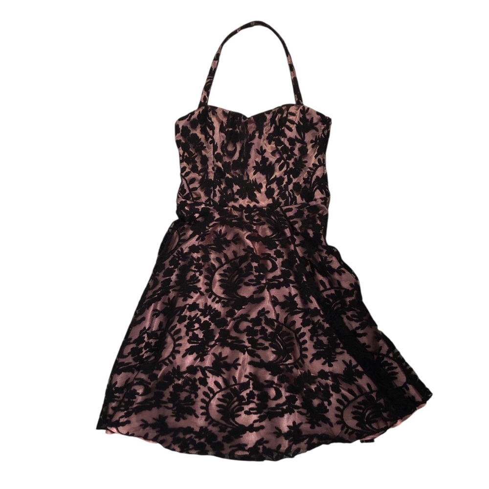 Betsey Johnson Convertible Halter Dress Pink Satin with Black Lace Size 4